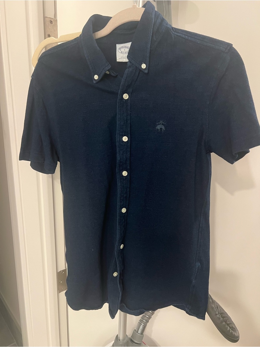 Brooks Brothers Navy Textured Button-Down Polo with Gold Buttons